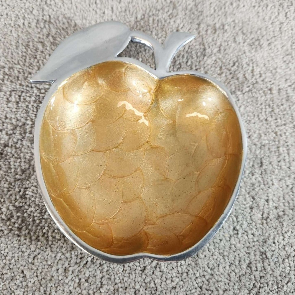 Gold Apple‎ Shaped Bowl Silver Bottom Scalloped Metal Trinket Dish